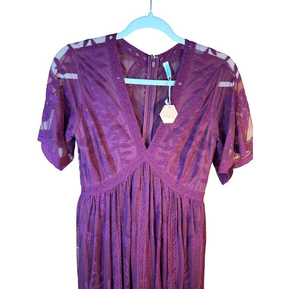 PinkBlush Maternity Size S Embroidered Lace Maxi Dress Short Sleeves Wine - Picture 3 of 11